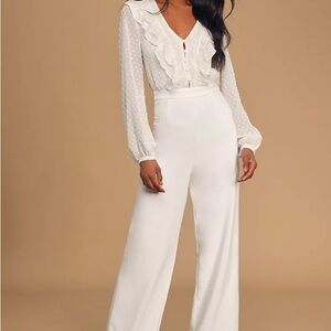 Lulu’s Clareese White Swiss Dot Ruffled Long Sleeve Jumpsuit NWT Size Medium